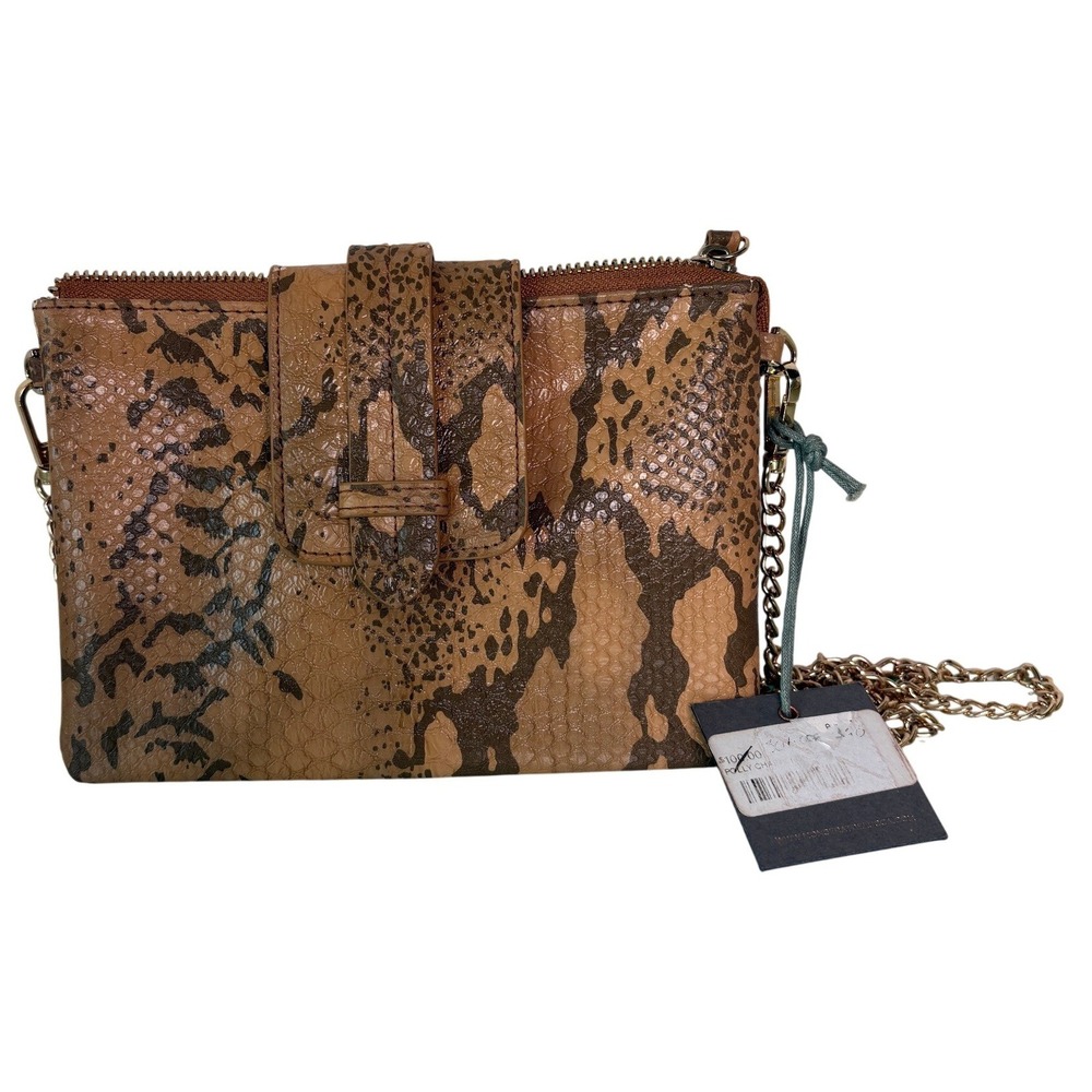 Remi & Reid Polly Chain Crossbody Bag Brown Snakeskin Print Vegan Leather Clutch